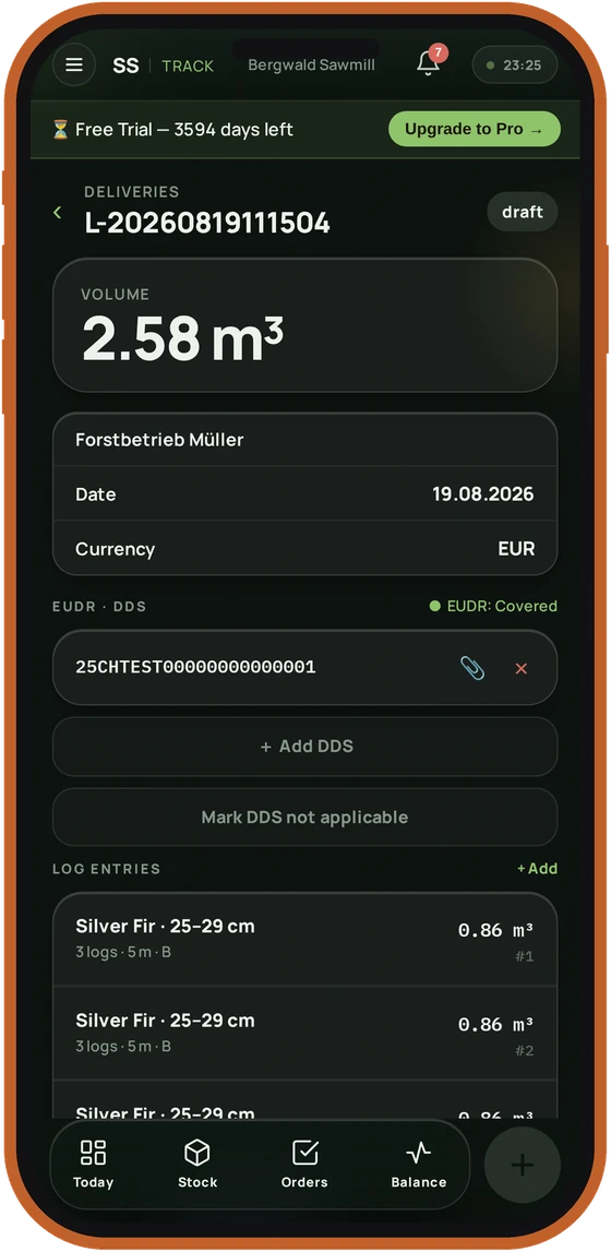 SawmillSmart Inventory — delivery detail with EUDR DDS