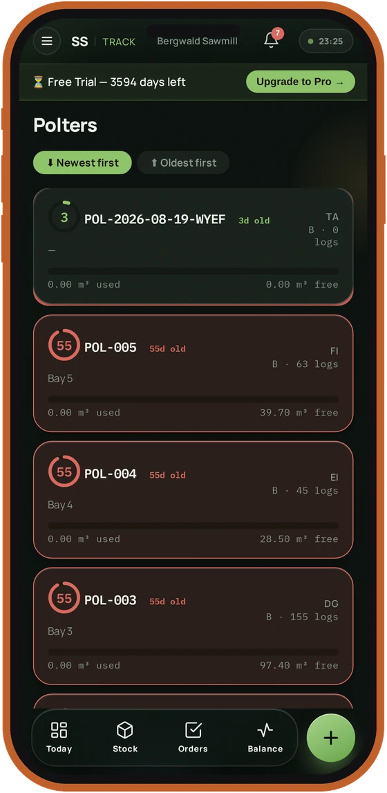 SawmillSmart Inventory — Polters (log-stock piles) list