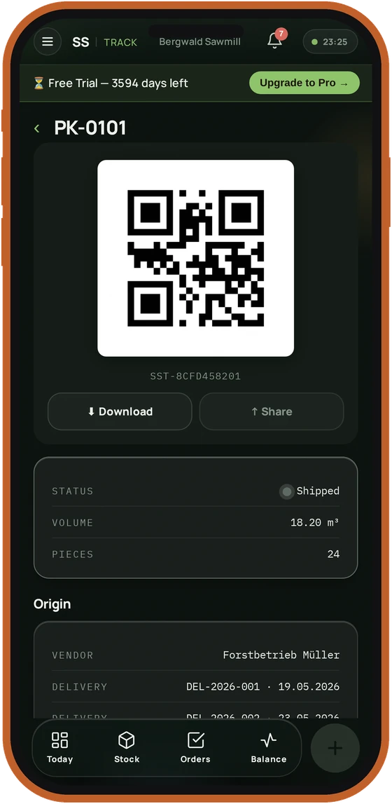 SawmillSmart Inventory — pack detail with QR code and EUDR trace