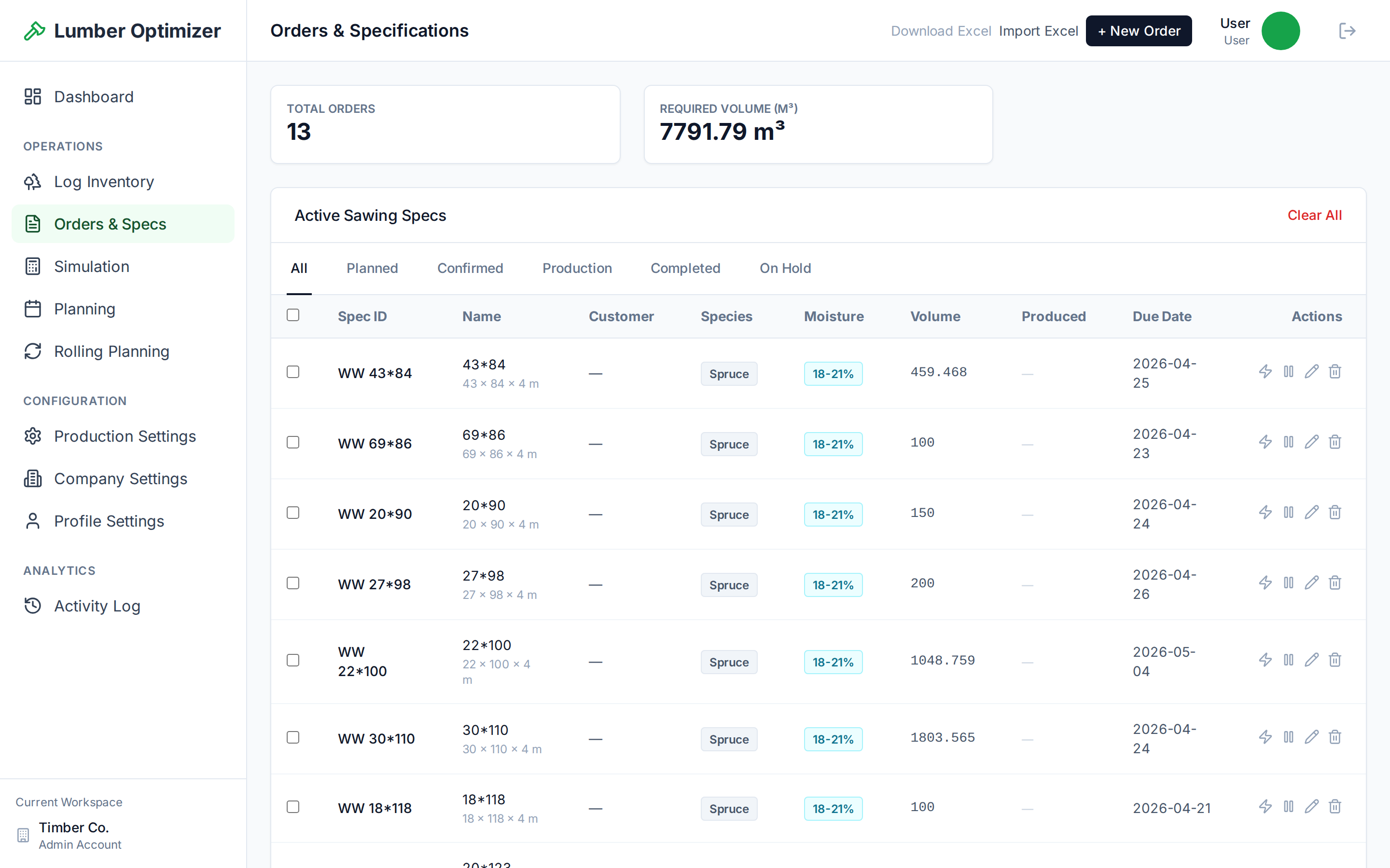 SawmillSmart — planning inputs, orders and specs