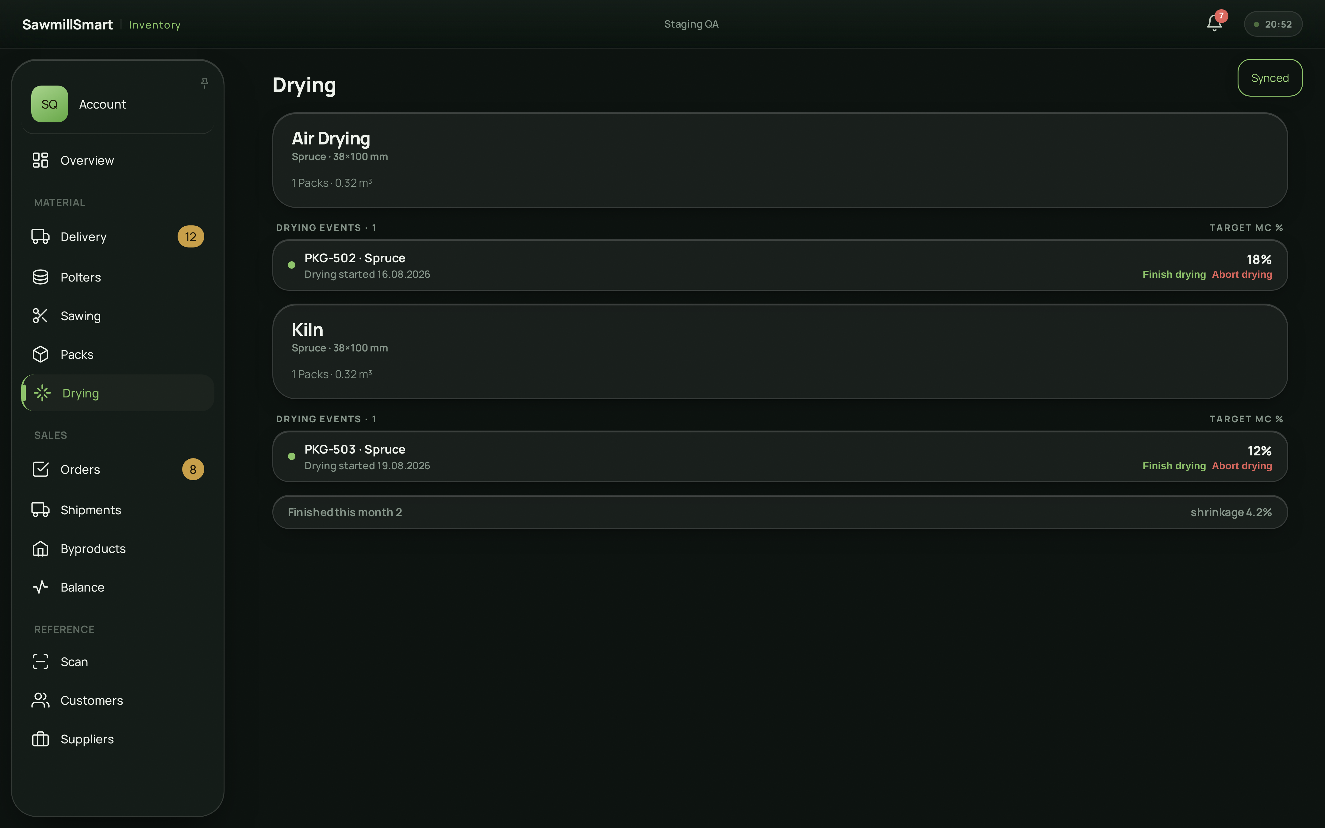 SawmillSmart Inventory — active drying batches by kiln and shed, on a phone — desktop