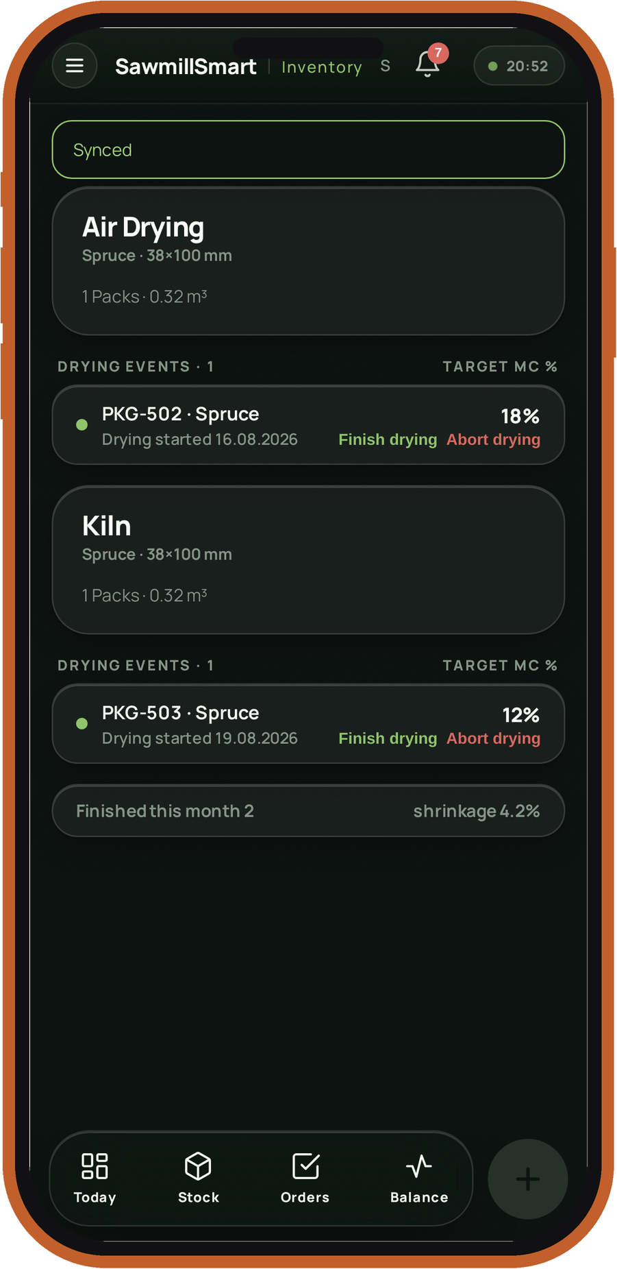 SawmillSmart Inventory — active drying batches by kiln and shed, on a phone