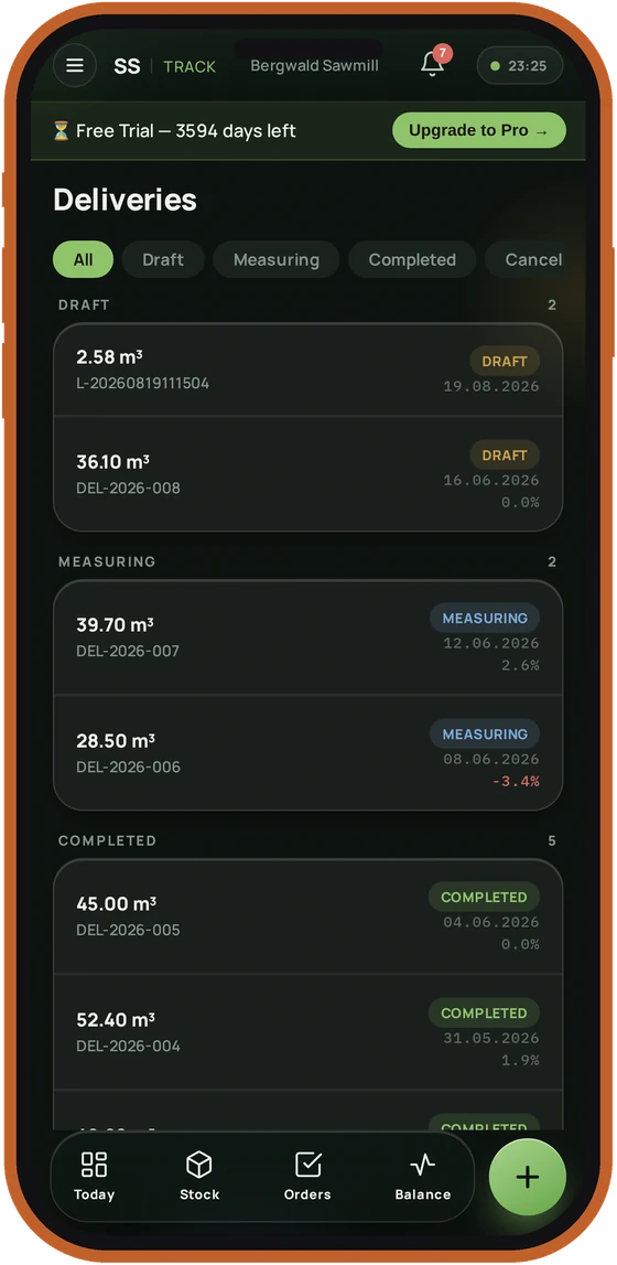 SawmillSmart Inventory — deliveries list