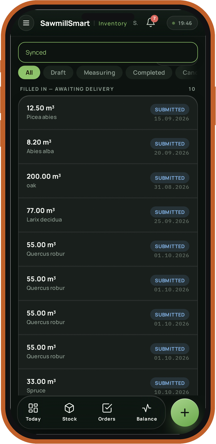SawmillSmart Inventory — deliveries list on a phone