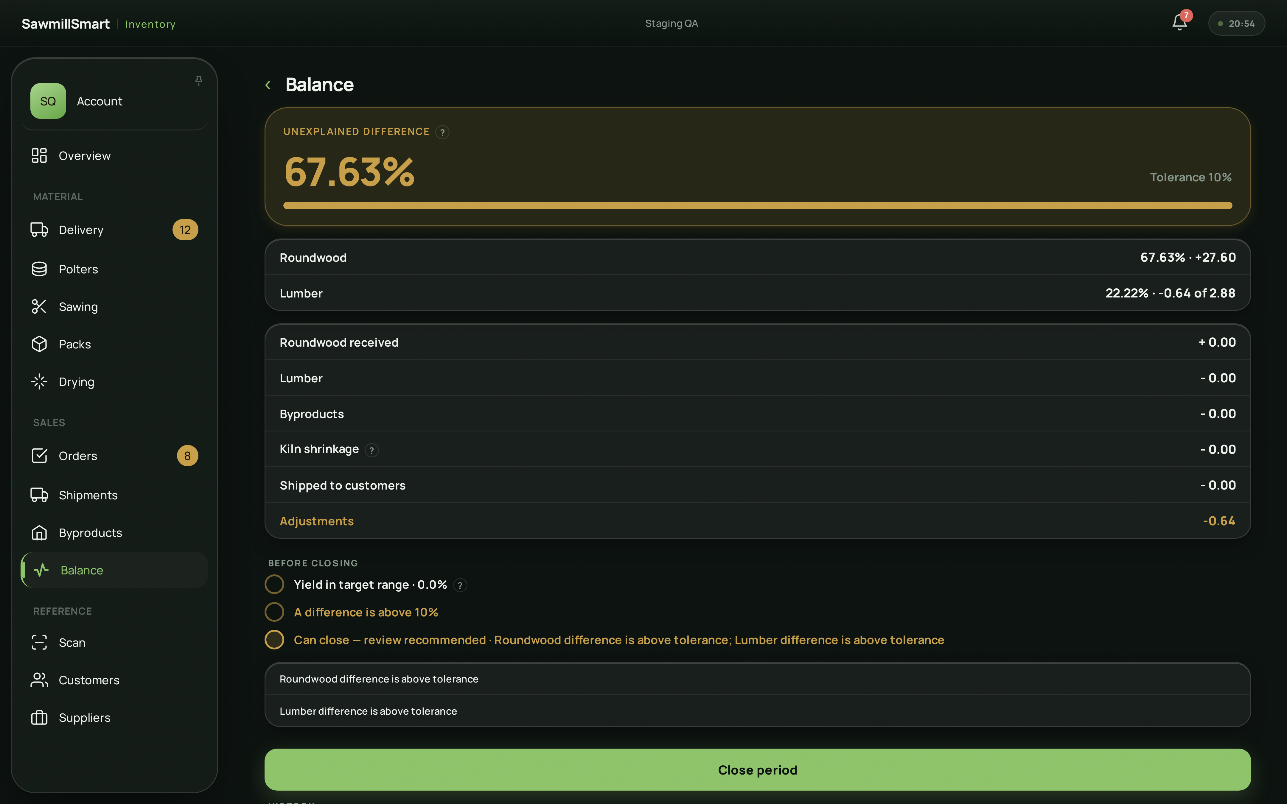 SawmillSmart Inventory — material balance before closing the period — desktop