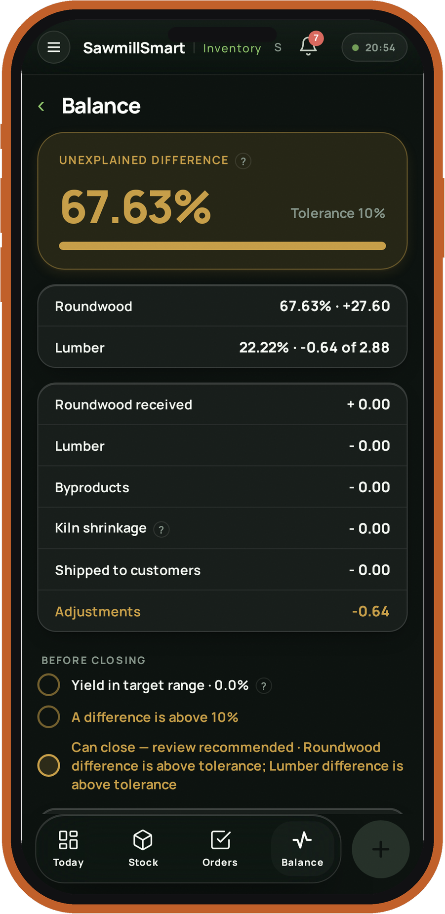 SawmillSmart Inventory — material balance before closing the period