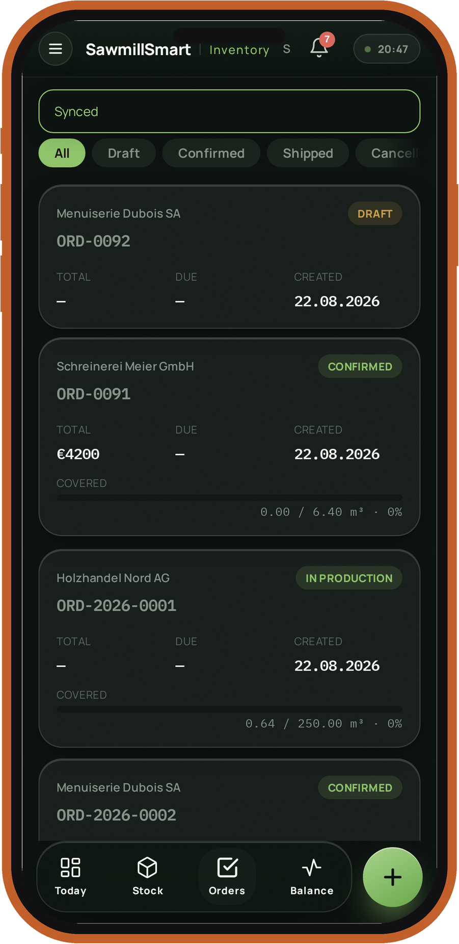 SawmillSmart Inventory — orders list on a phone