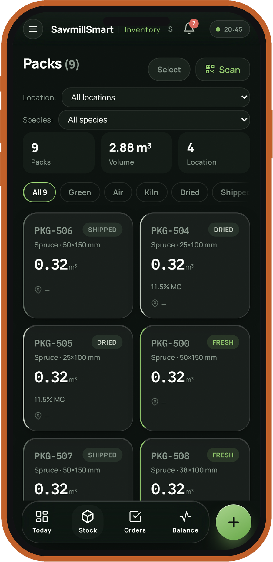 SawmillSmart Inventory — pack list on a phone