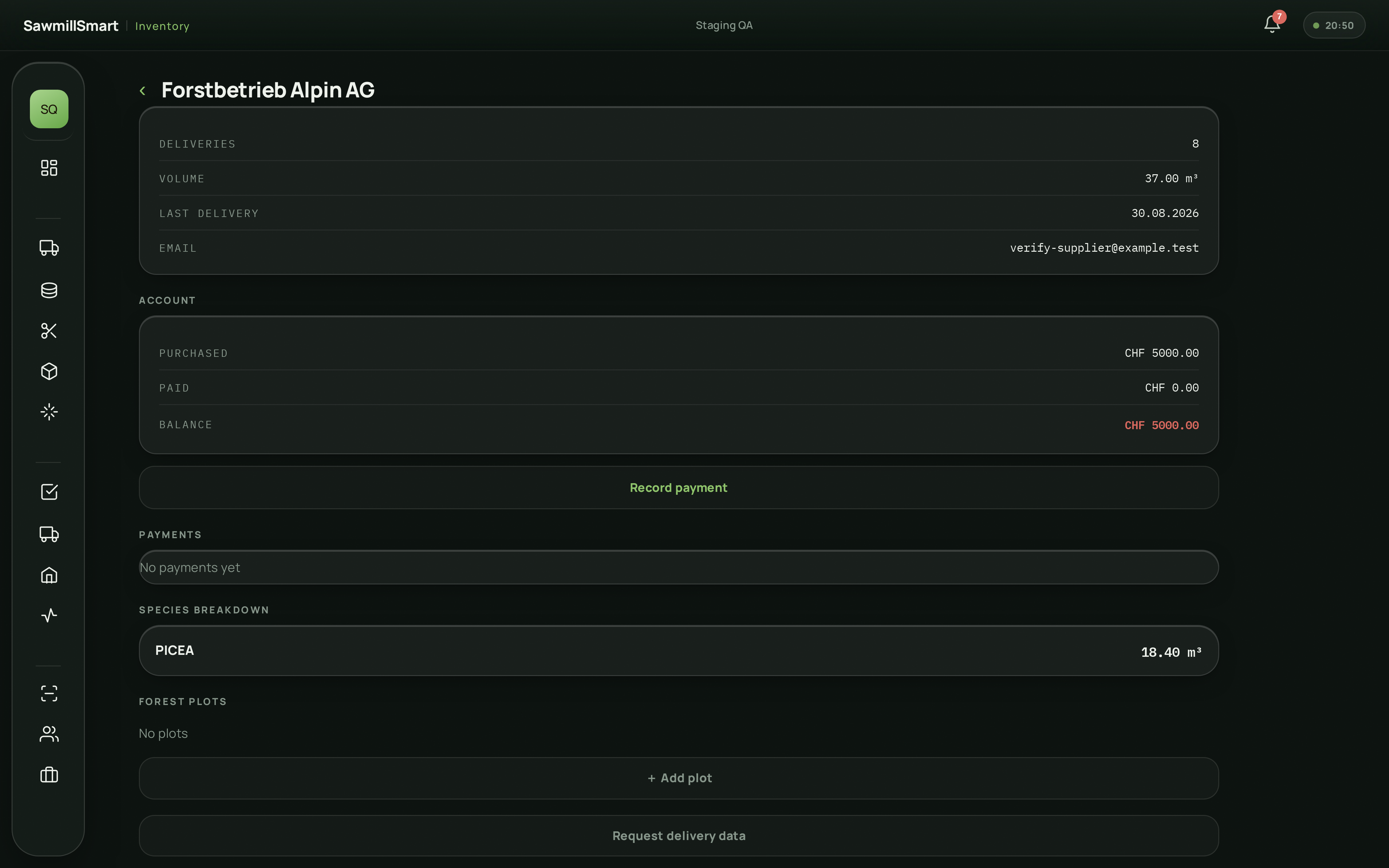 SawmillSmart Inventory — supplier card with account balance — desktop