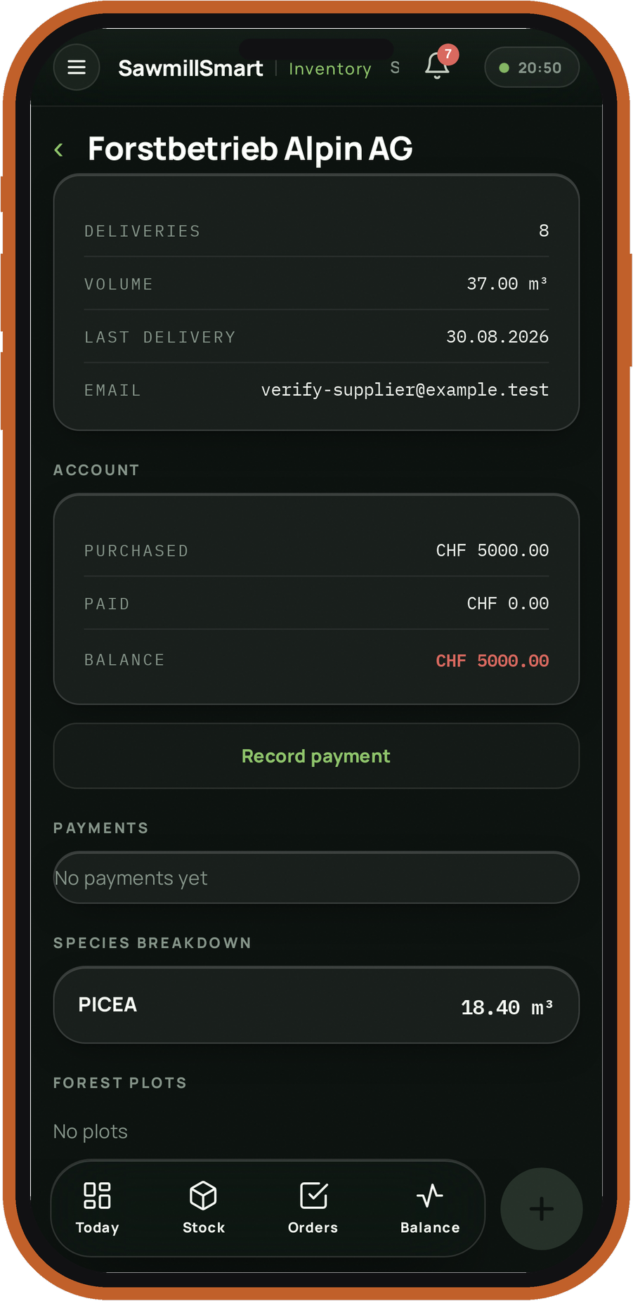 SawmillSmart Inventory — supplier card with account balance