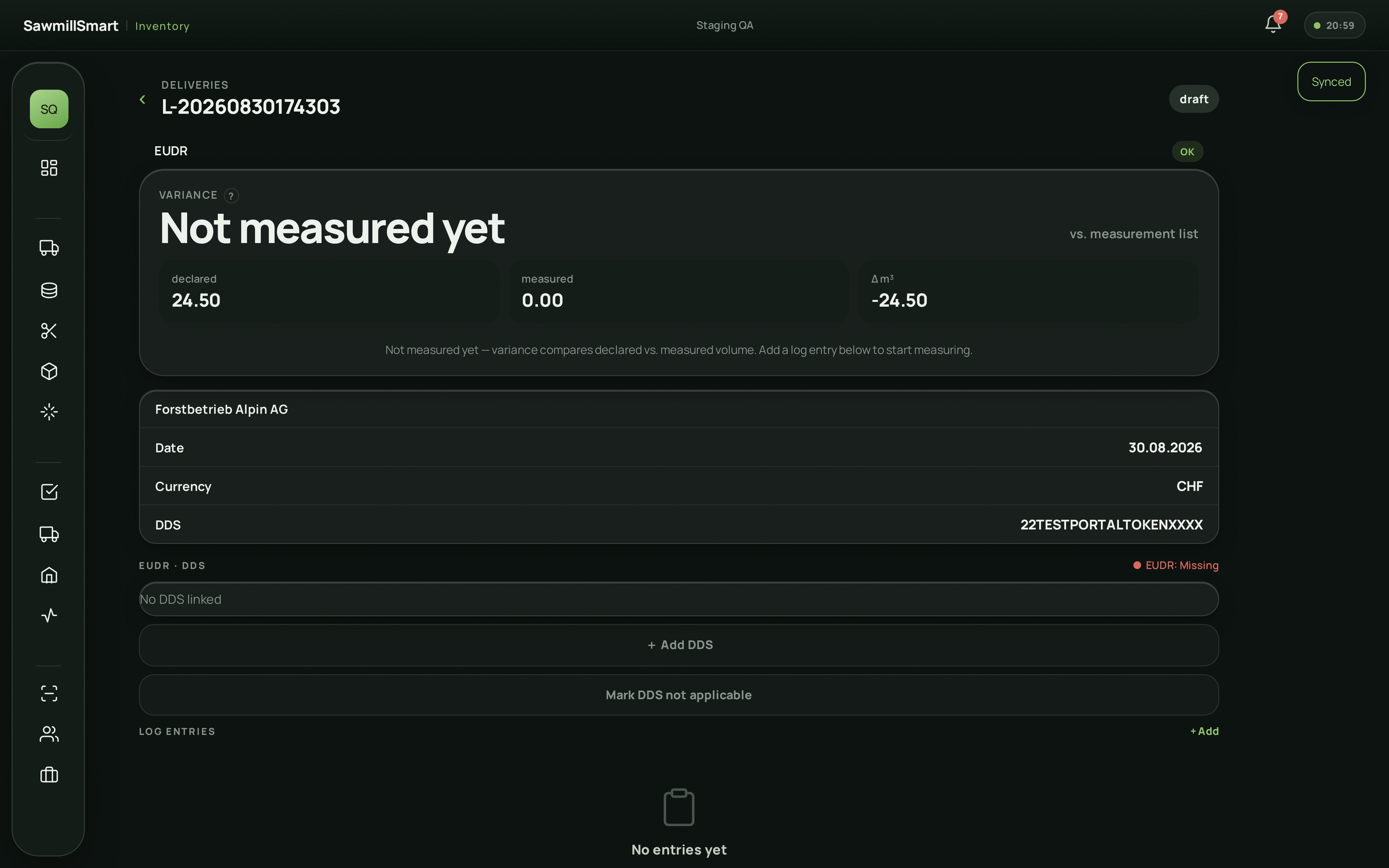 SawmillSmart Inventory — delivery detail with a linked DDS reference — desktop