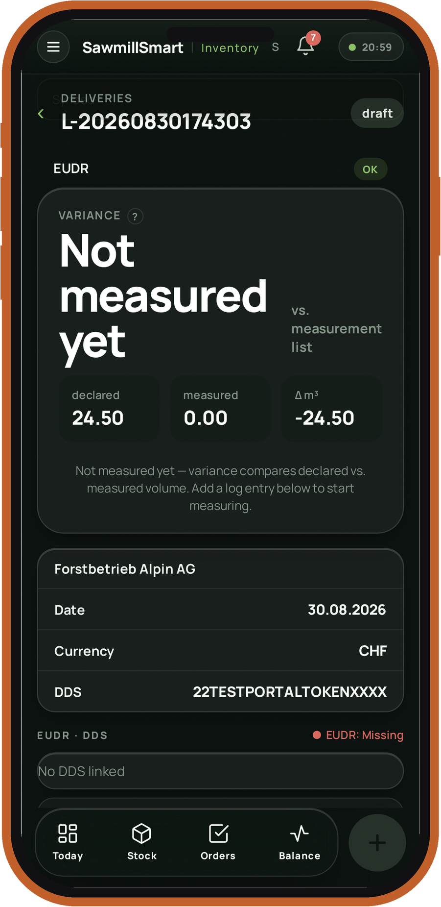 SawmillSmart Inventory — delivery detail with a linked DDS reference