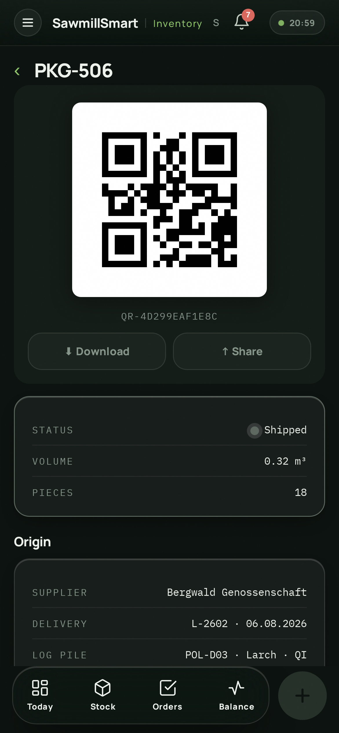 SawmillSmart Inventory — pack provenance record with QR code, origin supplier and log pile linked